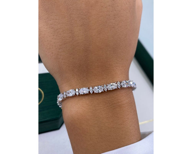 Solid 14k White Gold Tennis Bracelet, 9.93 Carat Oval and Round Cut Lab Grown Diamond, Pave Set Bracelet for Women, D-E/VVS-VS1 Clarity 