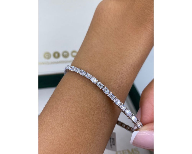 Solid 14k White Gold Tennis Bracelet, 6.93 Carat Lab Grown Diamond, Oval and Emerald Cut Diamond Pave Set Bracelet, D-E/VVS-VS1 Clarity 