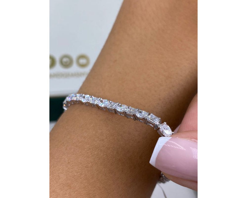 Solid 14k White Gold Tennis Bracelet, 6.93 Carat Lab Grown Diamond, Oval and Emerald Cut Diamond Pave Set Bracelet, D-E/VVS-VS1 Clarity 