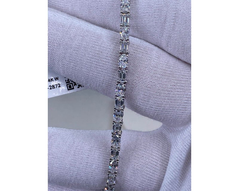 Solid 14k White Gold Tennis Bracelet, 6.93 Carat Lab Grown Diamond, Oval and Emerald Cut Diamond Pave Set Bracelet, D-E/VVS-VS1 Clarity 