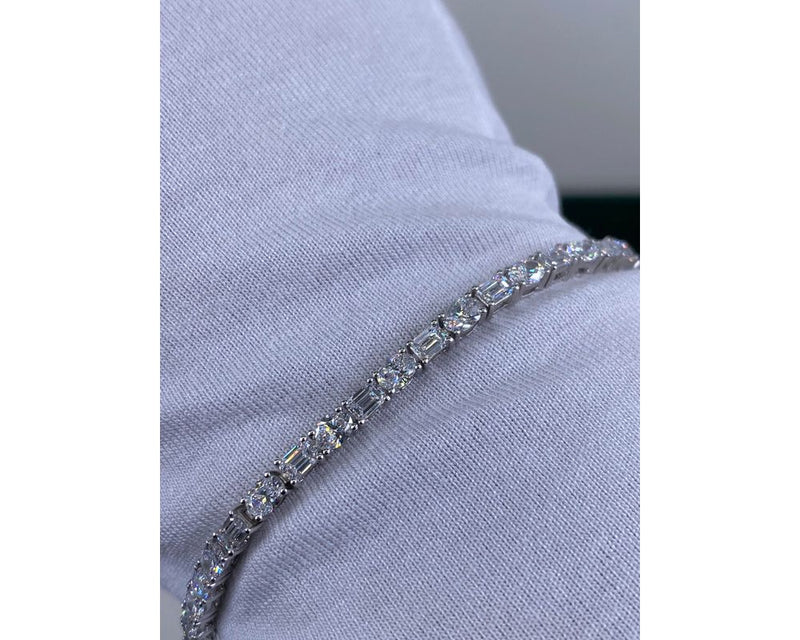 Solid 14k White Gold Tennis Bracelet, 6.93 Carat Lab Grown Diamond, Oval and Emerald Cut Diamond Pave Set Bracelet, D-E/VVS-VS1 Clarity 