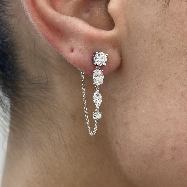 Diamond Chain Tassel Stud Earrings 1.79 Carat White Gold 14K