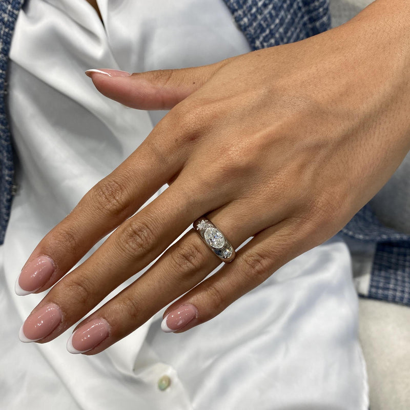 Diamond Signet Ring 1.16 Carat White Gold 14K