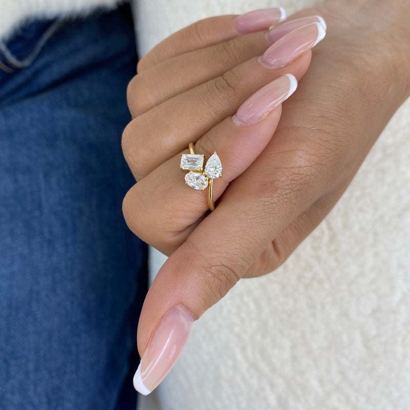 Diamond 3-Stone Cluster Fashion Ring 1.30 ct TCW, Yellow Gold 14K