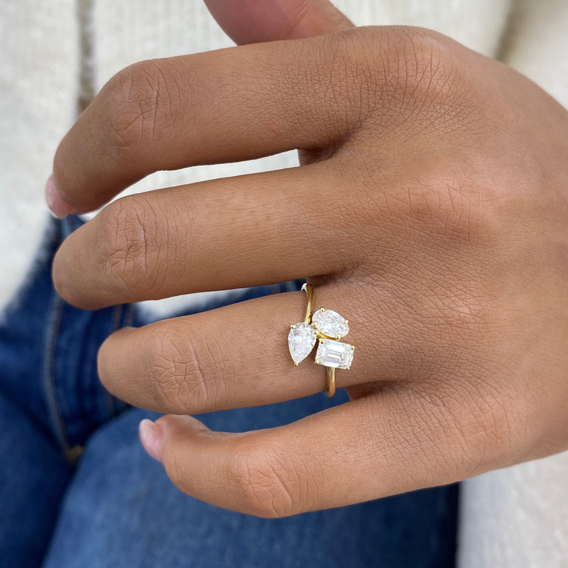 Diamond 3-Stone Cluster Fashion Ring 1.30 ct TCW, Yellow Gold 14K