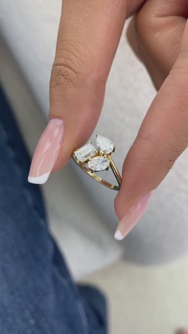 Diamond 3-Stone Cluster Fashion Ring 1.30 ct TCW, Yellow Gold 14K